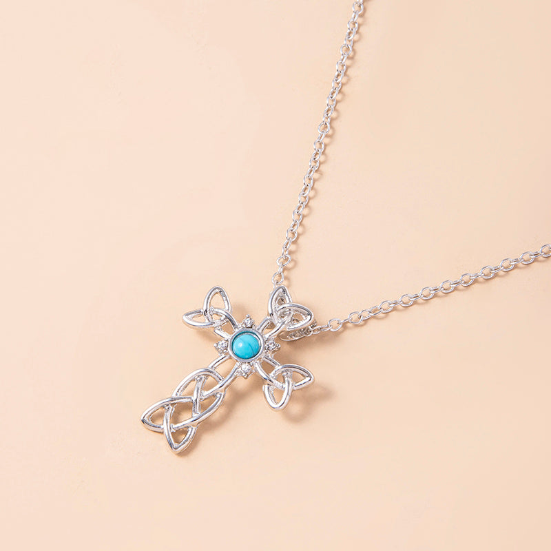 Halskette mit keltischem Knoten-Kreuz-Anhänger aus blauem Stein, silberne Spirale, Dreifaltigkeitsknoten-Halskette für Damen und Herren