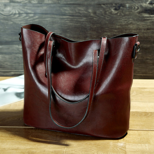 Simple Oil Wax Leather Shoulder Messenger Portable Tote Bag