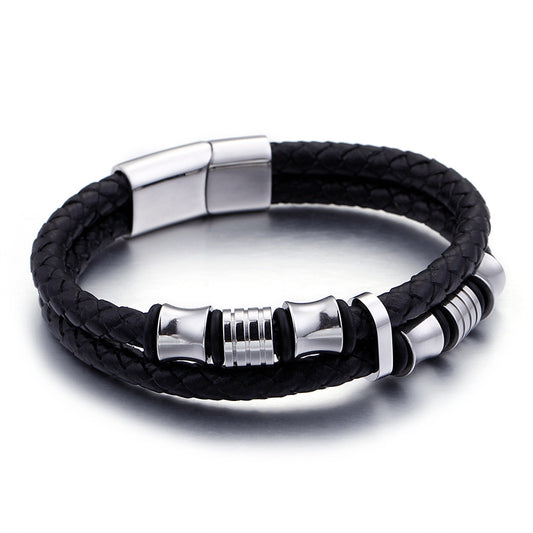 Gold Color Stainless Steel Leather Bracelet Men Black Mens Leather Wrap Bracelets Jewelry Wristband With Magnet Clasp