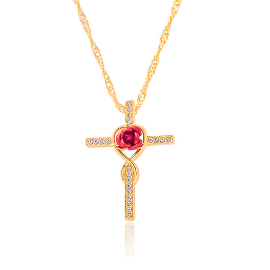Collar de cruz de flor rosa de moda, collares con colgante de Anka infinito de cristal dorado para mujer, joyería religiosa