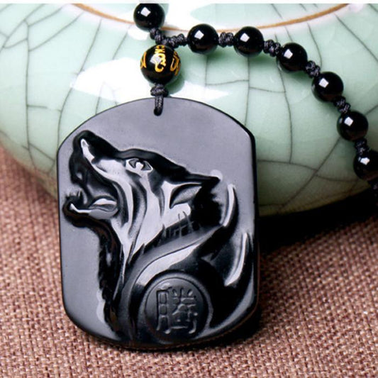 New Obsidian Carving Wolf Head Amulet Pendant Necklace Blessing Lucky Men Necklaces Jewelry Gifts