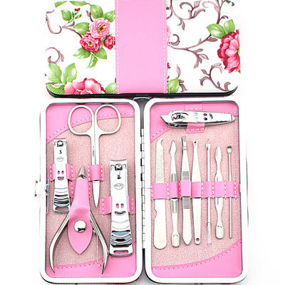 Nail Clipper Set Stainless Steel 12 Piece Pink Flower Nail Scissors Manicure manicure tools rose -12