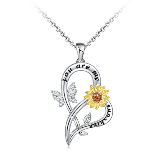 You Are My Sunshine Sonnenblumen-Halskette für Frauen, romantische Kristall-Schmetterlings-Herz-Anhänger-Halsketten