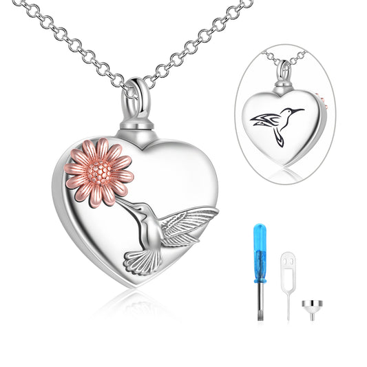 Collares de urna de colibrí para cenizas de plata de ley con forma de corazón y girasol, joyería de memoria para mujeres y hombres