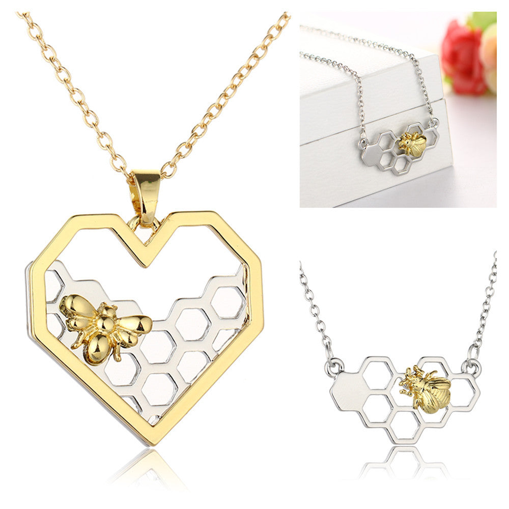 Honeycomb Bee Herz Anhänger Halsketten Für Frauen Gold Silber Farbe Tier Halsband Halskette Mode Hochzeit Schmuck