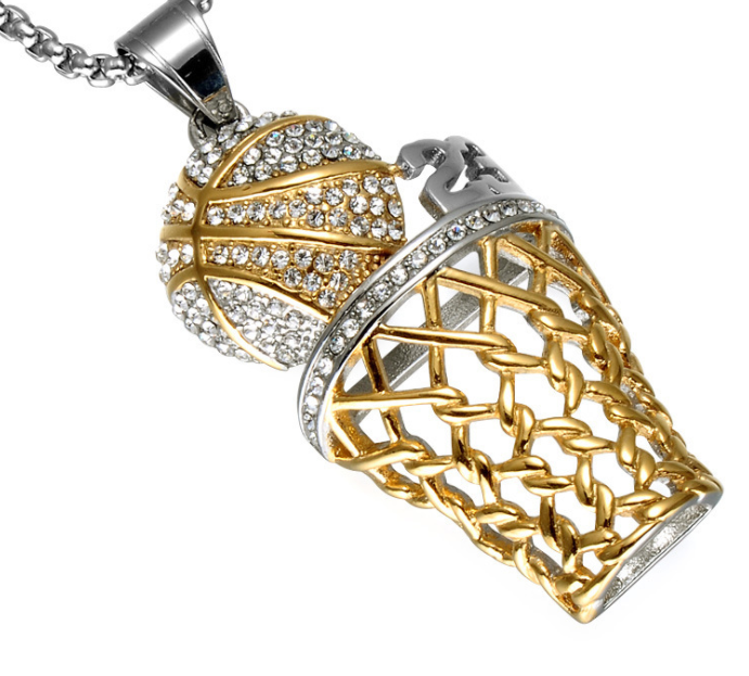 HIP Hop Bling Iced Out Gold Full Rhinestone Basketball Pendants Necklaces 316L Stainless Steel Sports Necklace for Men Jewelry