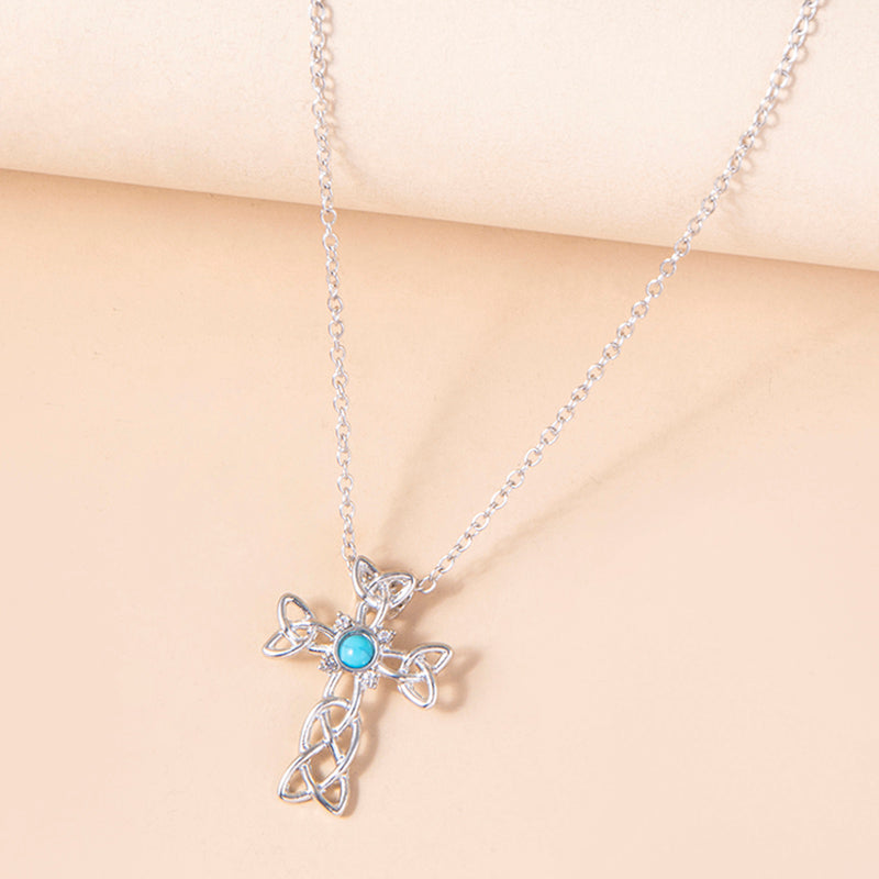 Blue Stone Celtic Knot Cross Pendant Necklace Silver Spiral Trinity Knot Necklaces For Women Men