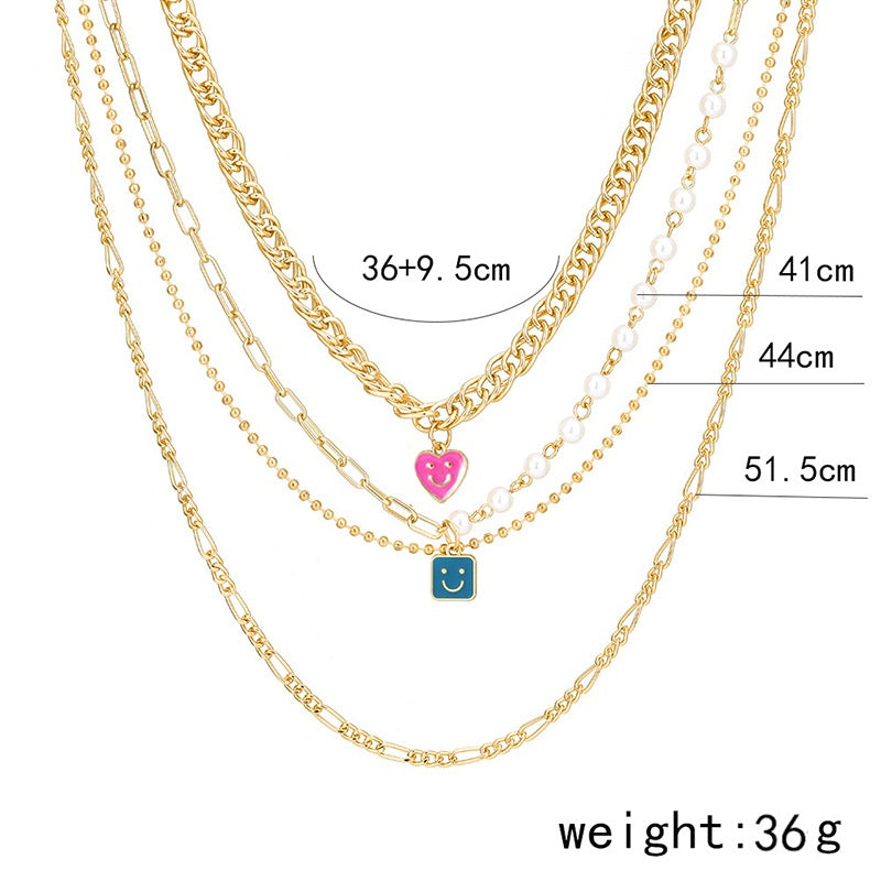 Emaille Smiley Face Charms Perlenkette Boho Gold Mehrschichtige klobige Kette Statement-Halsketten für Frauen