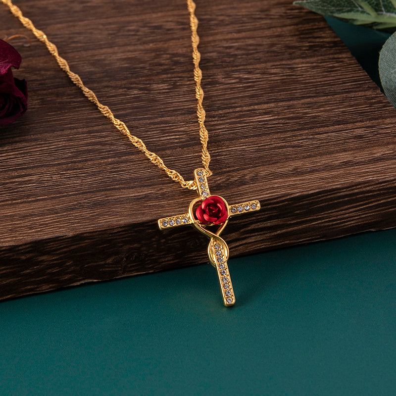 Mode Rose Blume Kreuz Halskette Gold Kristall Unendlichkeit Anka Anhänger Halsketten Für Frauen Religiöse Schmuck