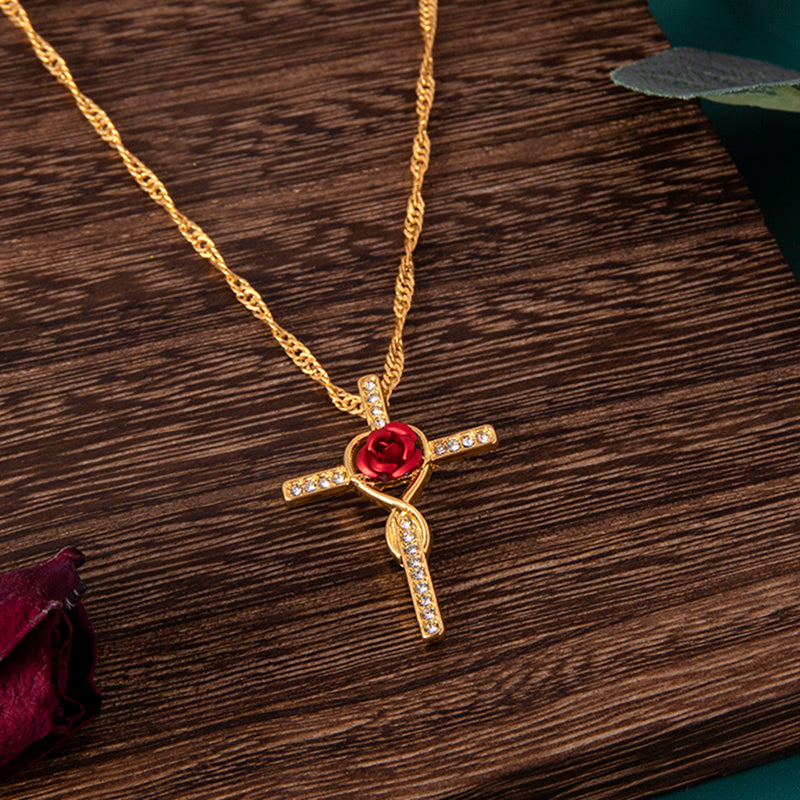 Fashion Rose Flower Cross Necklace Gold Crystal Infinity Anka Pendant Necklaces For Women Religious Jewelry
