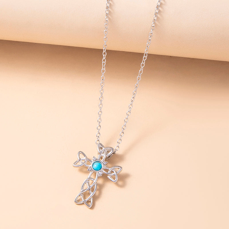Halskette mit keltischem Knoten-Kreuz-Anhänger aus blauem Stein, silberne Spirale, Dreifaltigkeitsknoten-Halskette für Damen und Herren