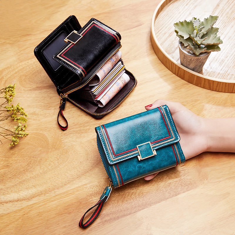 Retro Oil Wax Leather Multi Card Zipper Short Women's Wallet