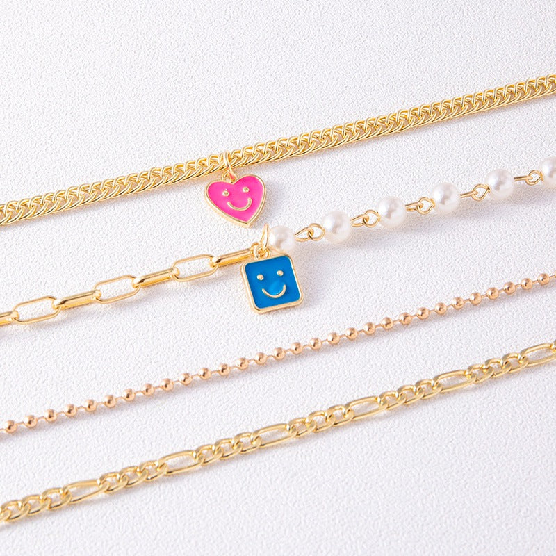 Emaille Smiley Face Charms Perlenkette Boho Gold Mehrschichtige klobige Kette Statement-Halsketten für Frauen