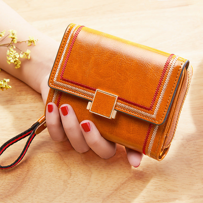 Retro Oil Wax Leather Multi Card Zipper Short Women's Wallet