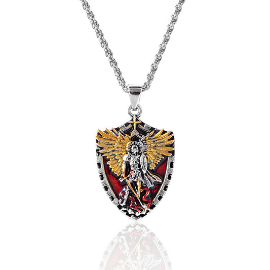 Christian Angel Michael Shield Pendant Necklace Men Vintage Cross Winged Knight Necklaces Religious Amulet Jewelry