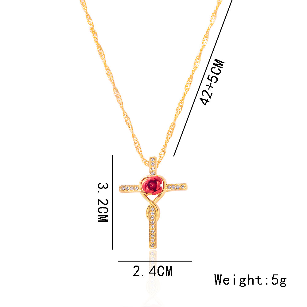 Mode Rose Blume Kreuz Halskette Gold Kristall Unendlichkeit Anka Anhänger Halsketten Für Frauen Religiöse Schmuck