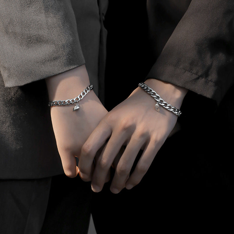 Magnetic Couple Bracelet Stainless Steel Heart Charm Silver NK Chain Bracelets For Lovers Friend