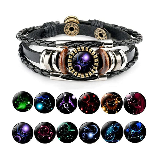 Sternzeichen-Armbänder für Damen und Herren, 12 Sternbild-Perlen, handgewebte PU-Lederarmbänder