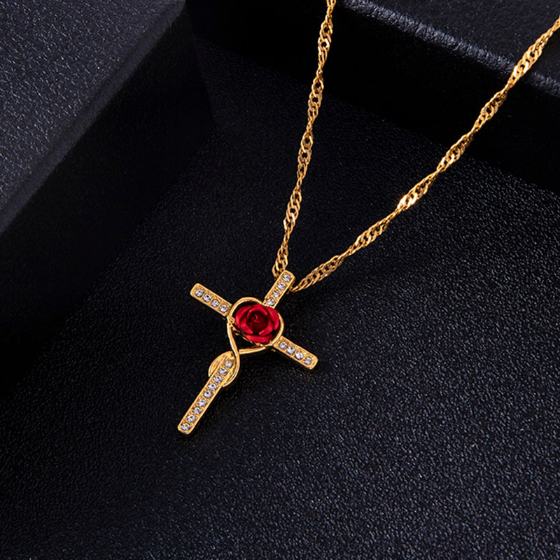 Fashion Rose Flower Cross Necklace Gold Crystal Infinity Anka Pendant Necklaces For Women Religious Jewelry