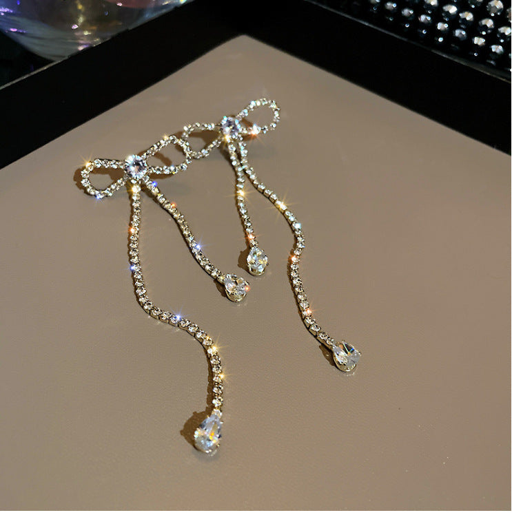 Fashion Jewelry Silver Needle Long Bow Tie Full-jeweled Stud Earrings For Women